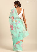 Pastel Green Floral Printed Linen Saree - Taashi