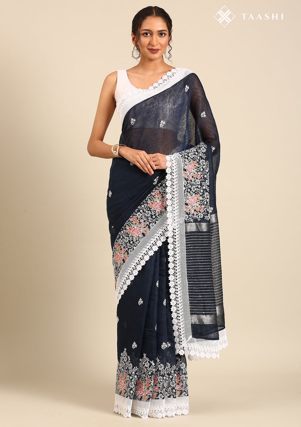 Midnight Blue EmbroideRed And Lace BodeRed Linen Saree