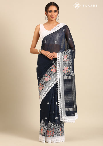 Midnight Blue EmbroideRed And Lace BodeRed Linen Saree