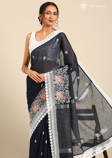 Navy Blue Pure Linen Floral Embroidered Saree