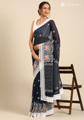 Midnight Blue EmbroideRed And Lace BodeRed Linen Saree - Taashi