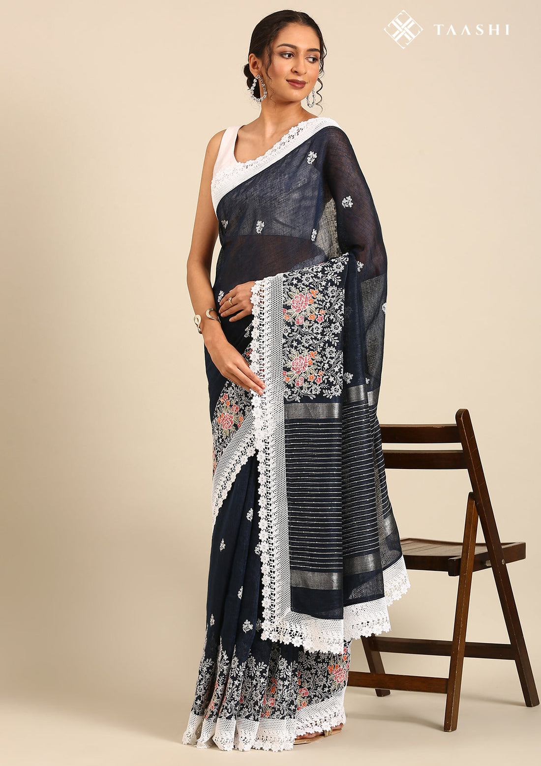 Navy Blue Pure Linen Floral Embroidered Saree