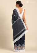 Midnight Blue EmbroideRed And Lace BodeRed Linen Saree - Taashi