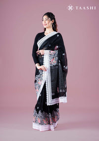 Black Pure Linen Floral Embroidered Saree