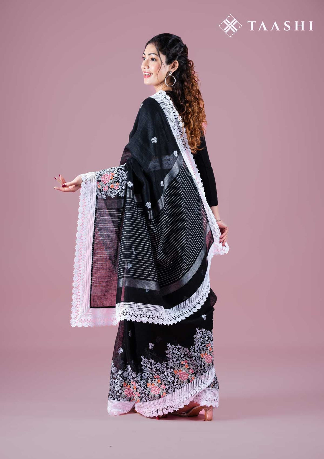 Black Pure Linen Floral Embroidered Saree