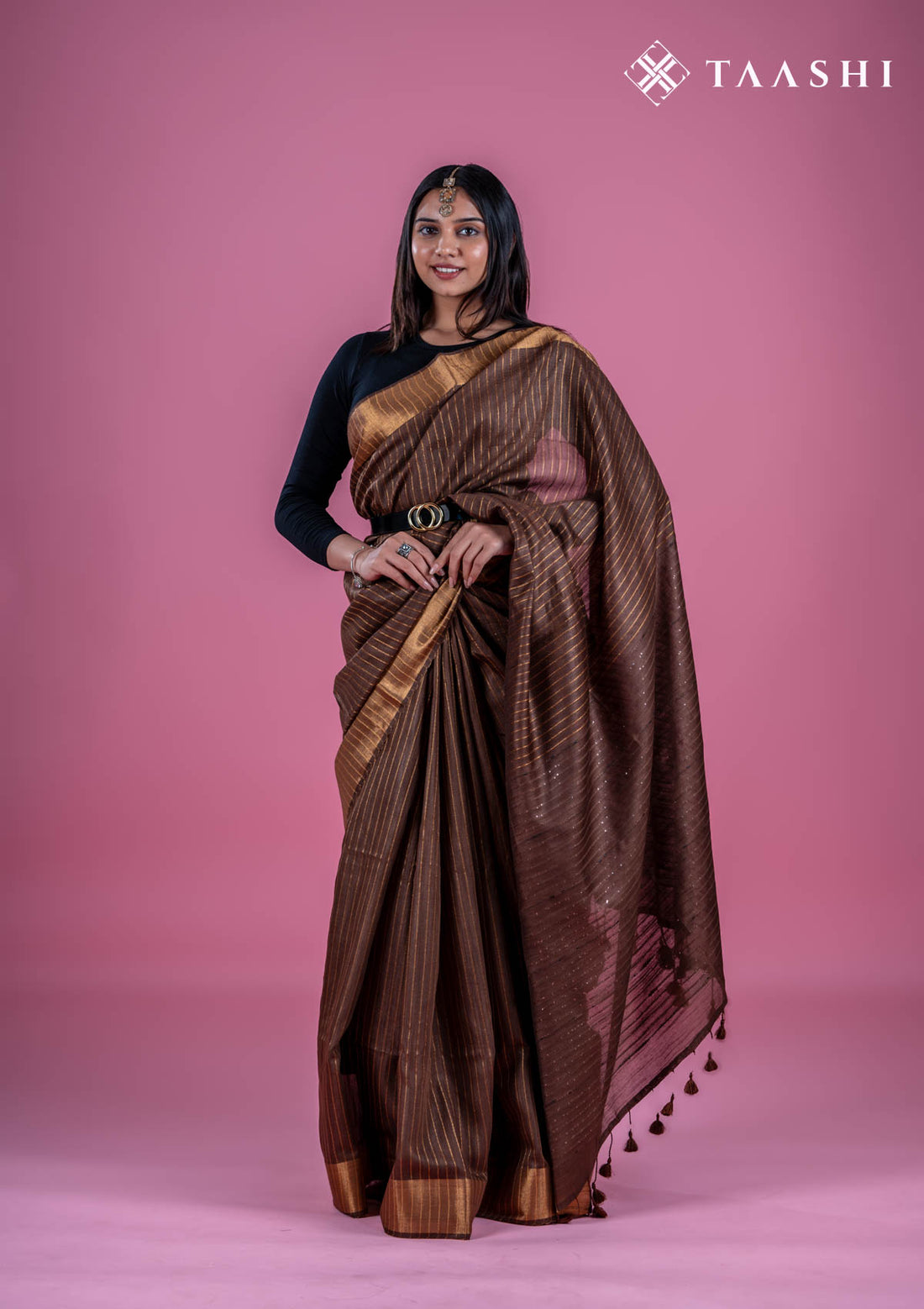 Full length front view model drape photograph of Taashi Obsidian Bloom saree (LI18) in premium Lime Chartreuse Green 100% Premium Pure Linen fabric layout.