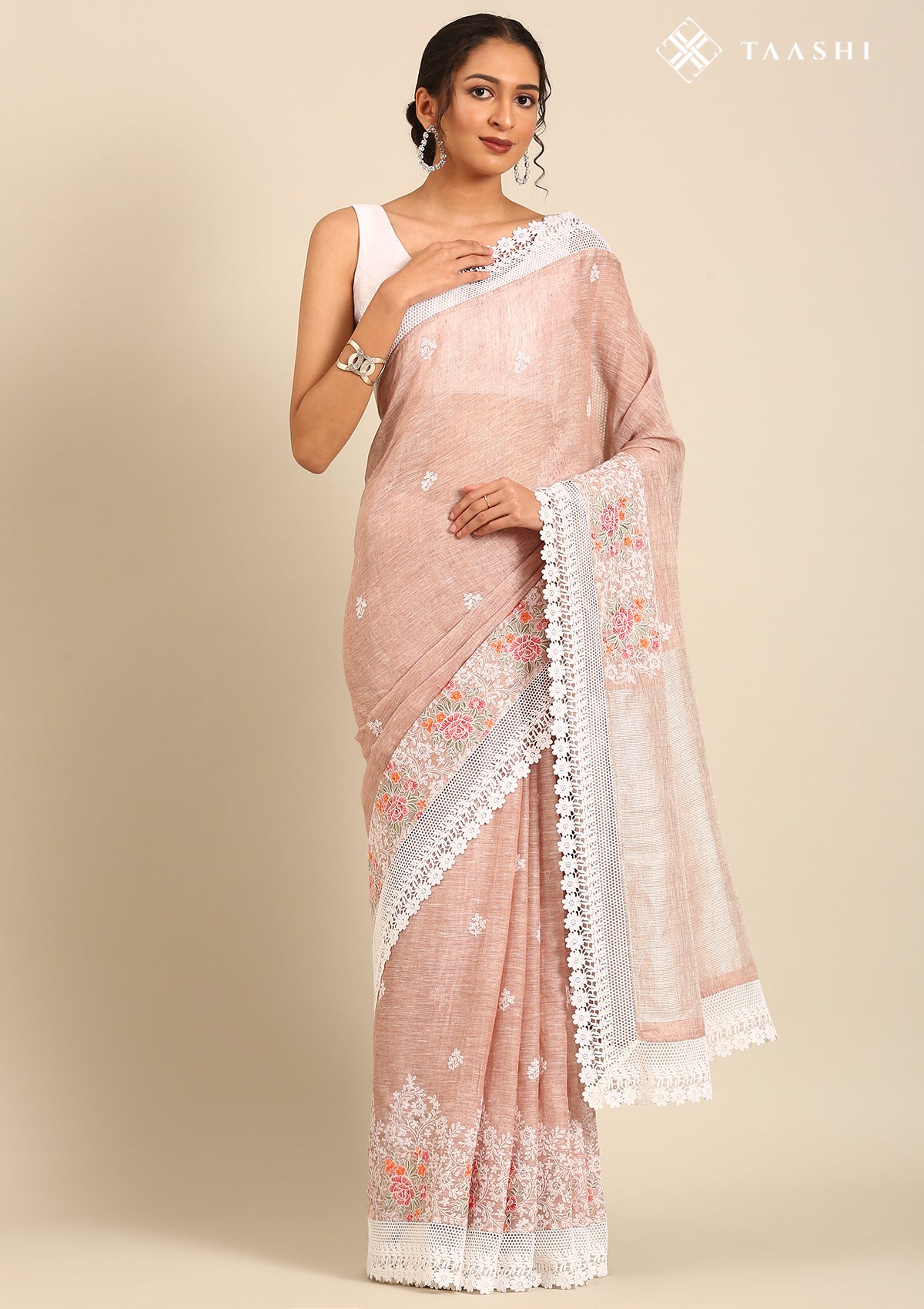 Beige EmbroideRed And Lace BodeRed Linen Saree