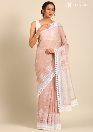 Beige EmbroideRed And Lace BodeRed Linen Saree