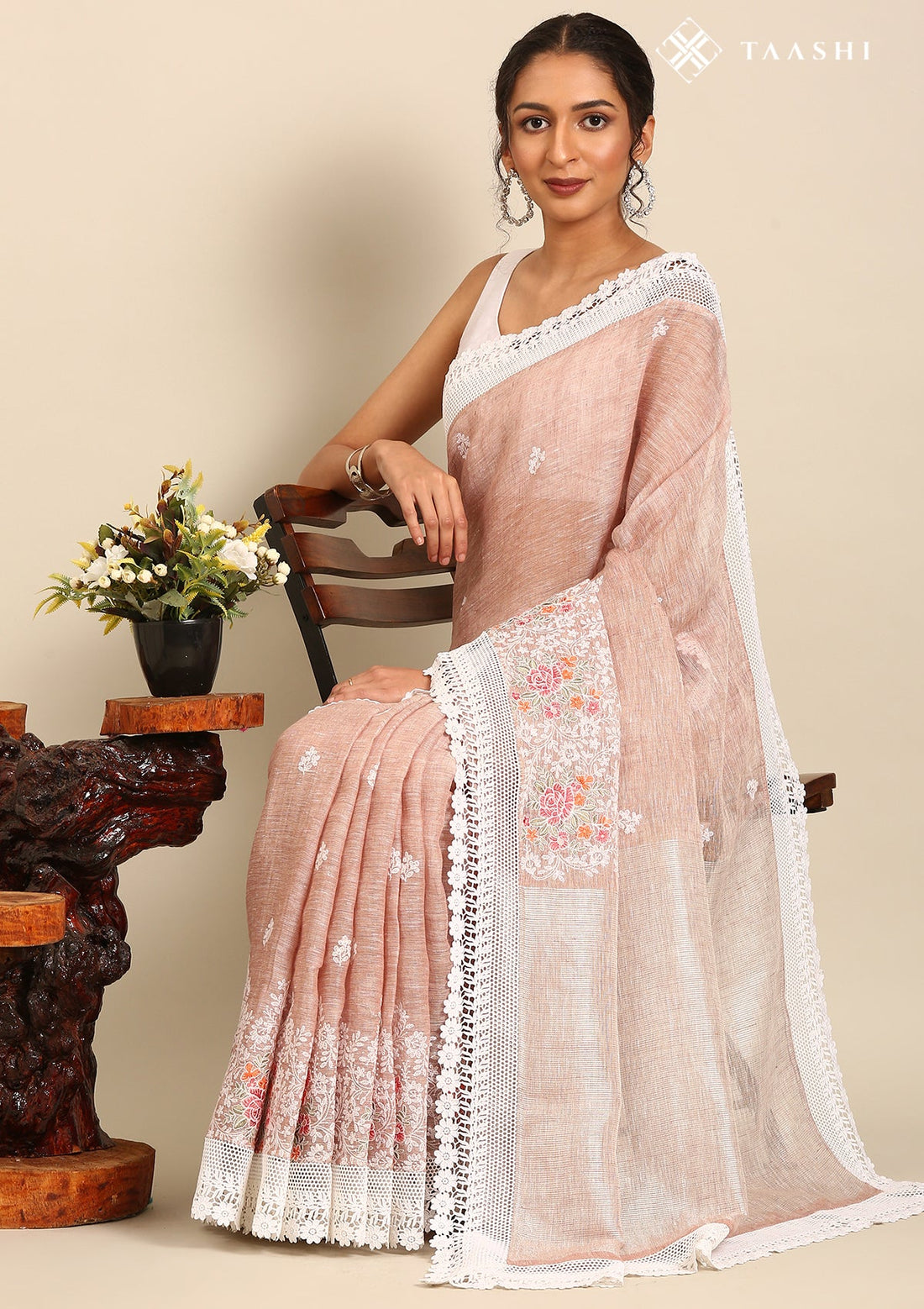 Taupe Brown Pure Linen Floral Embroidered Saree