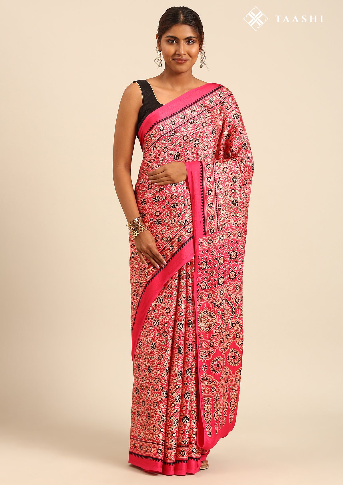 Fuchsia Pink Ajrakh Print Modal Saree - Taashi