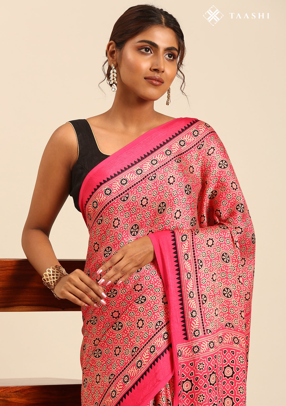 Fuchsia Pink Ajrakh Print Modal Saree - Taashi