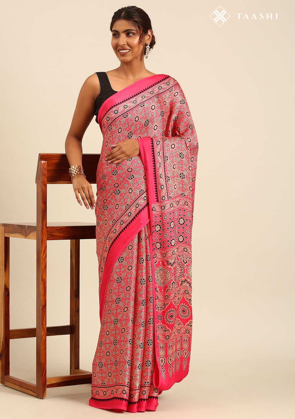 Fuchsia Pink Ajrakh Print Modal Saree - Taashi