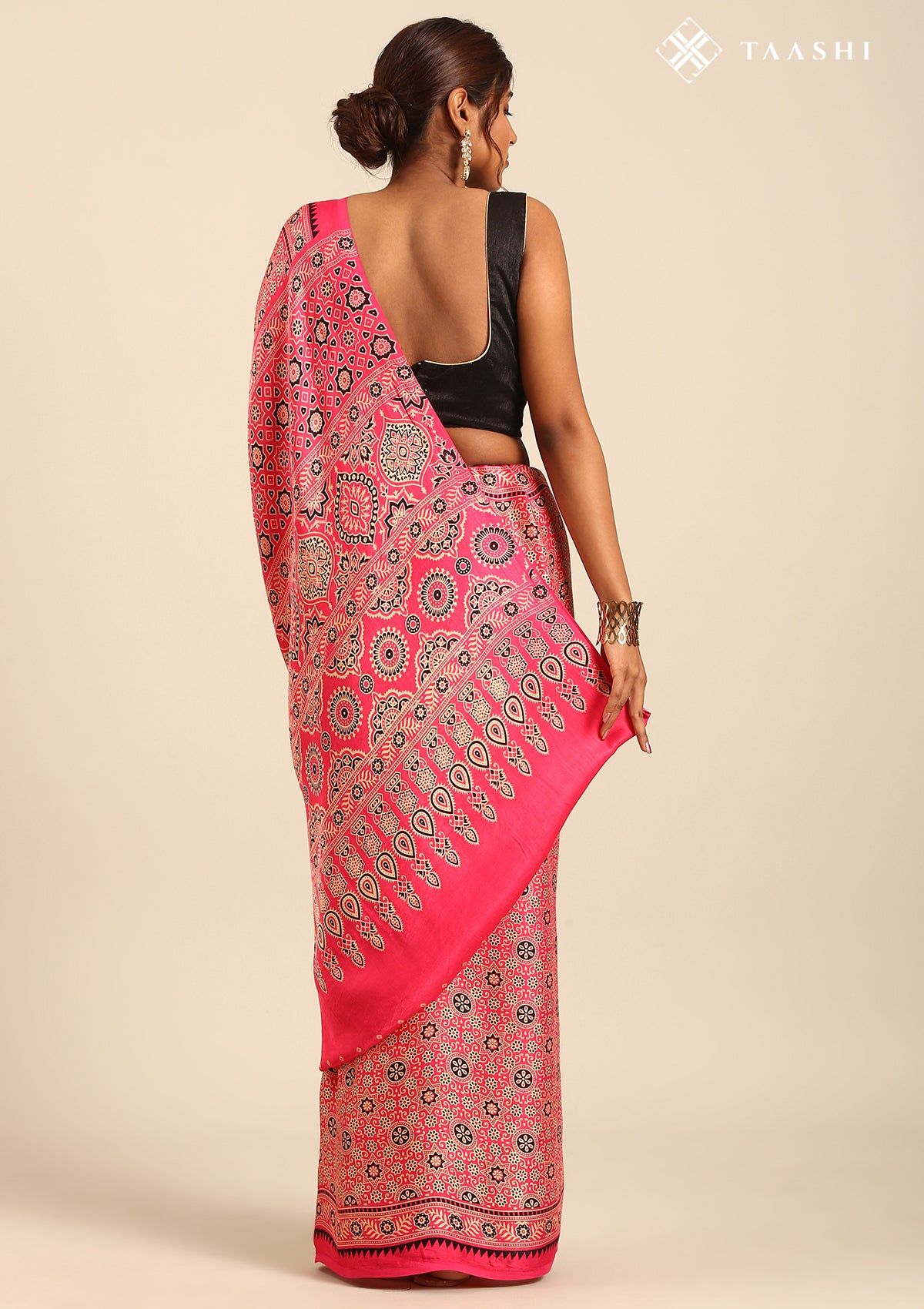 Fuchsia Pink Ajrakh Print Modal Saree - Taashi