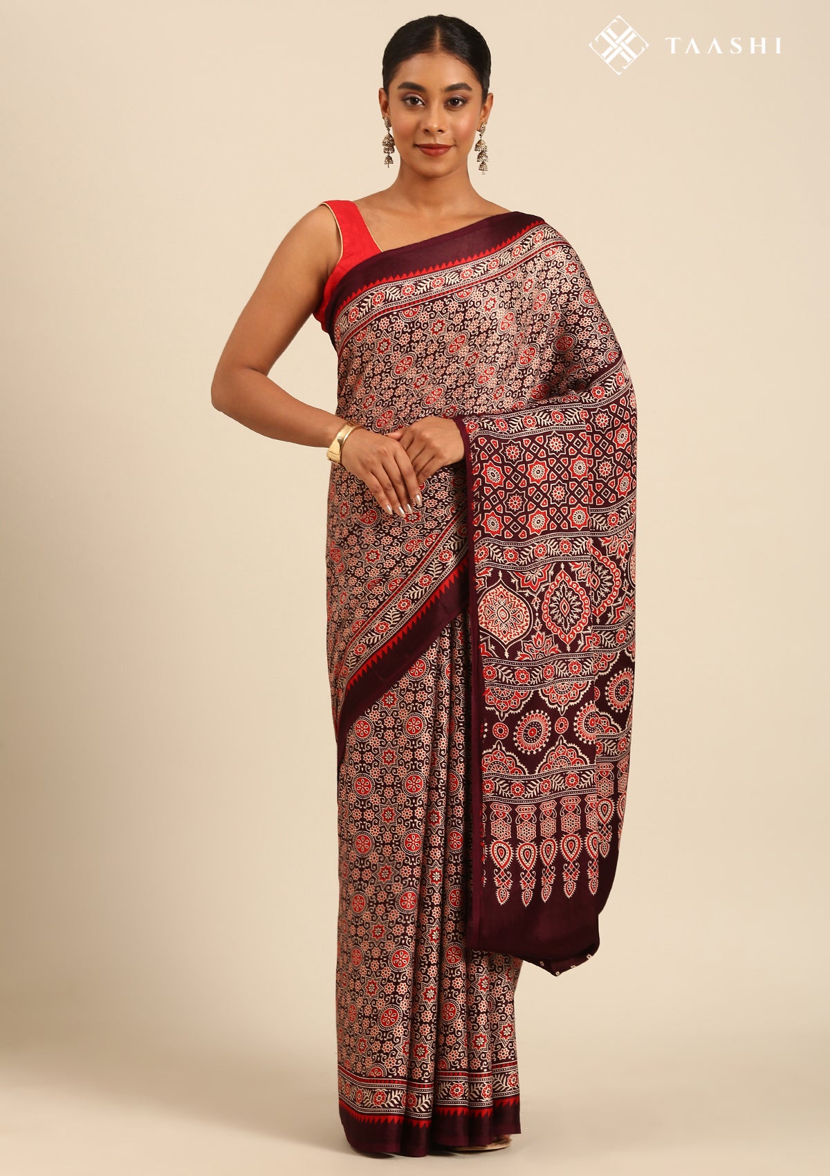 Wine Ajrakh Print Modal Saree