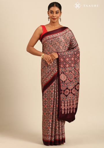 Wine Ajrakh Print Modal Saree