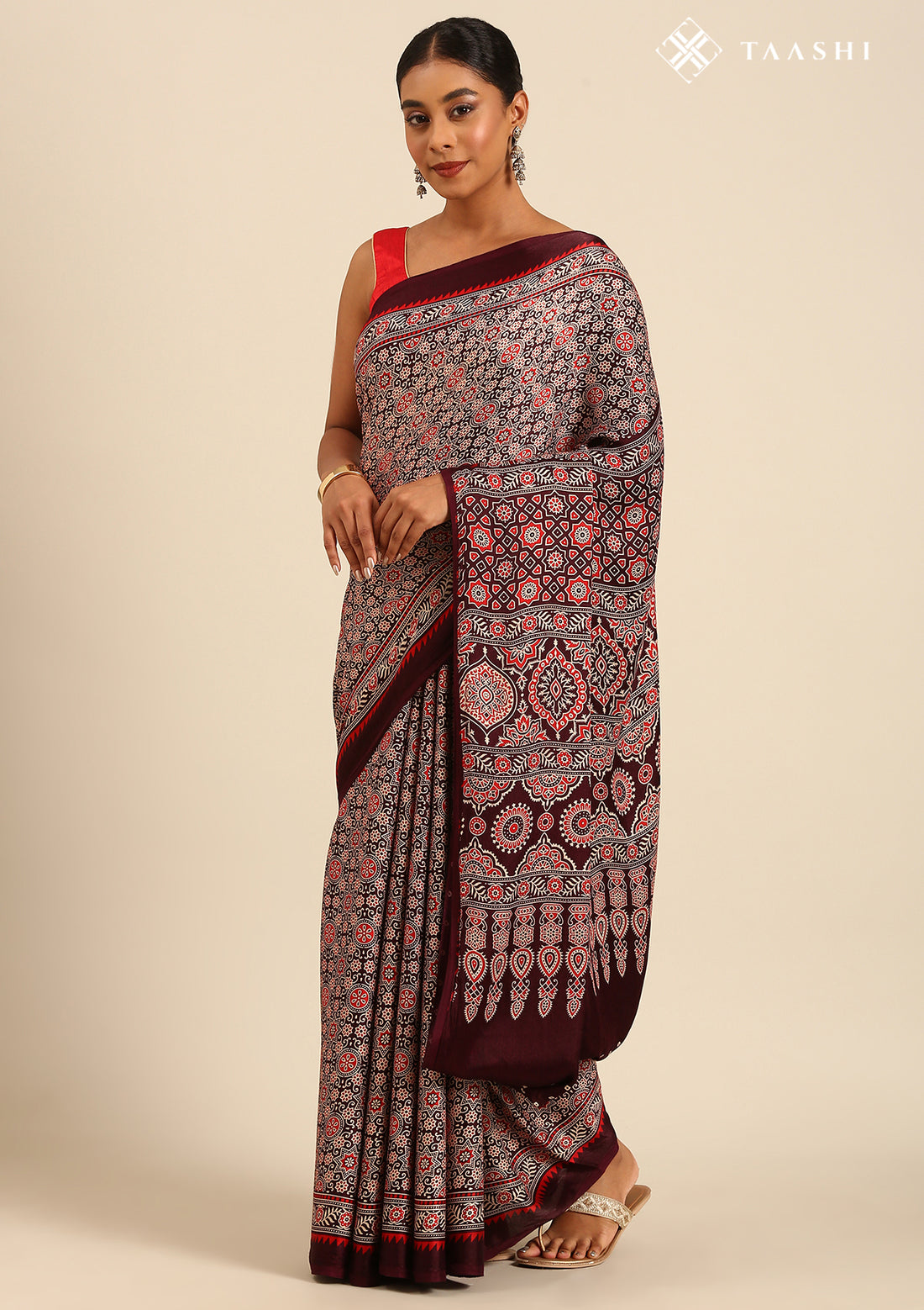 Wine Ajrakh Print Modal Saree