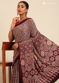 Wine Ajrakh Print Modal Saree - Taashi