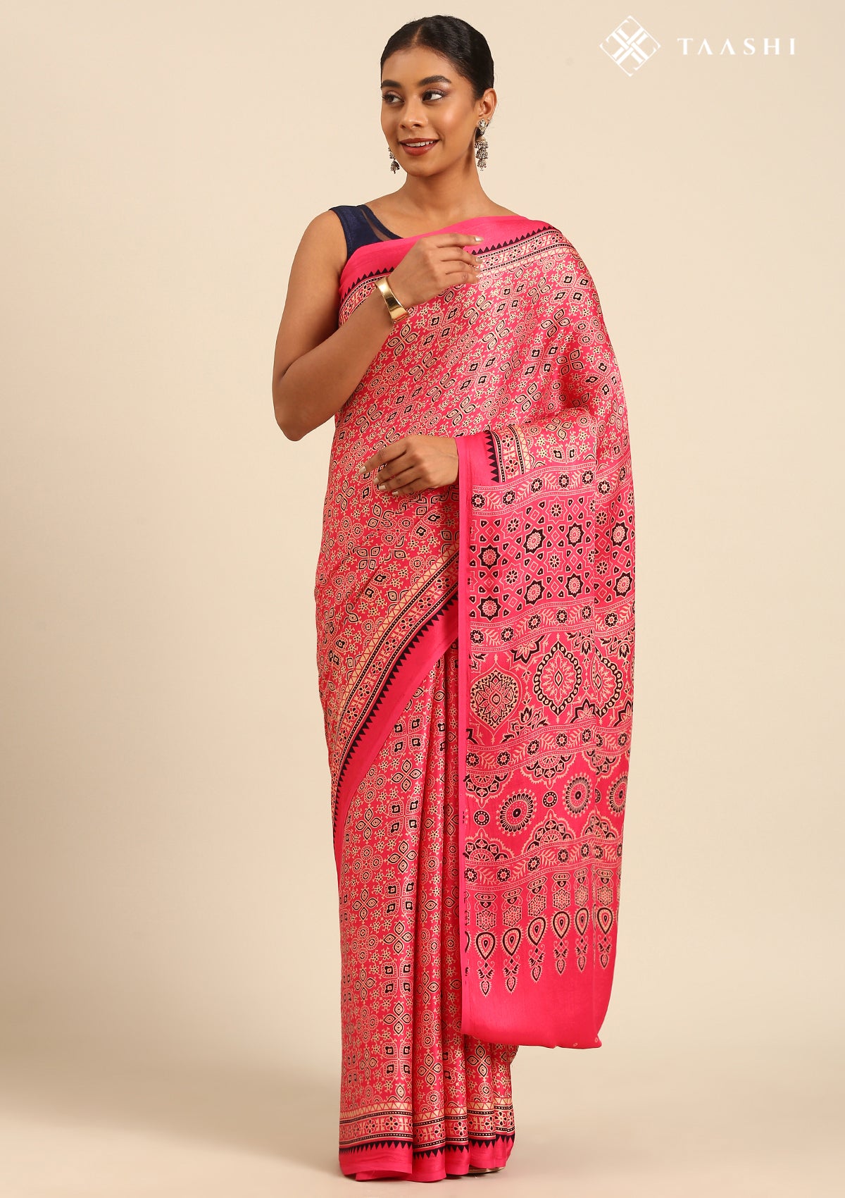 Fuchsia Pink Ajrakh Print Modal Saree - Taashi