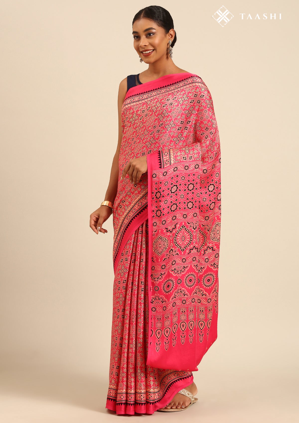 Fuchsia Pink Ajrakh Print Modal Saree - Taashi