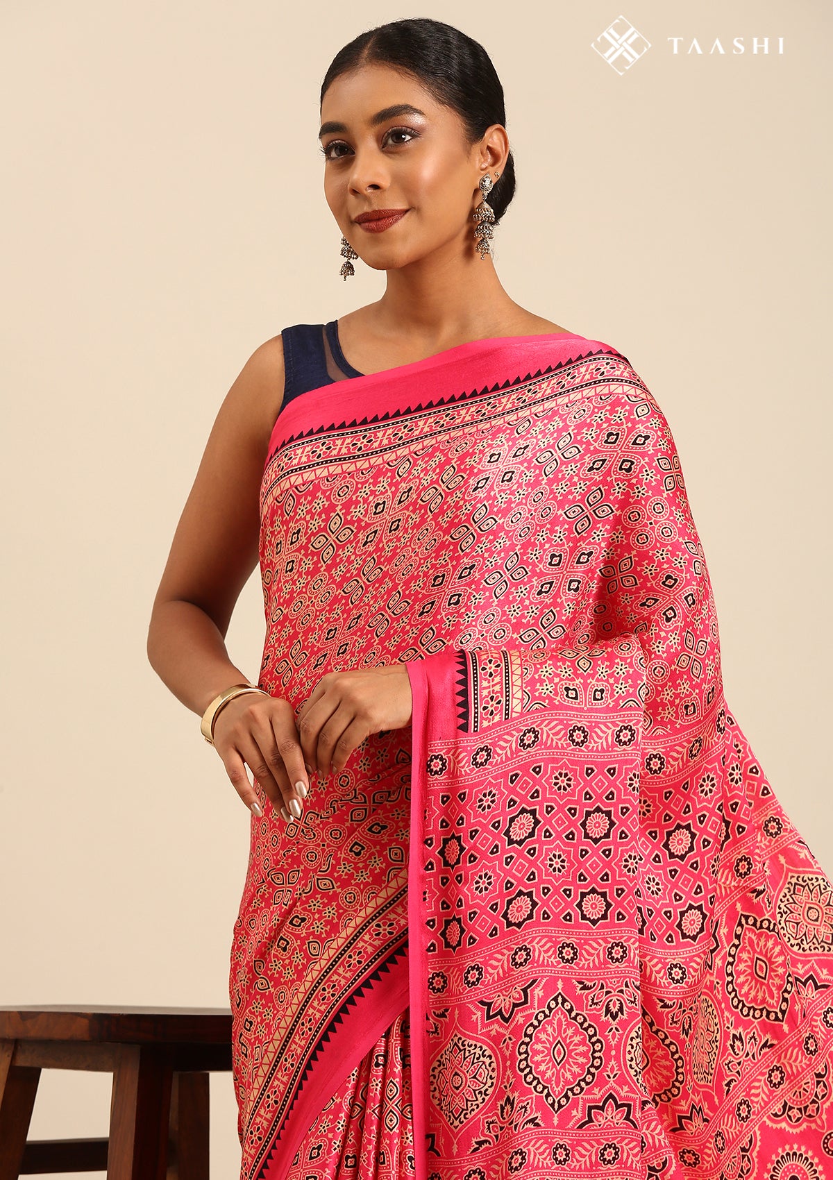 Fuchsia Pink Ajrakh Print Modal Saree - Taashi