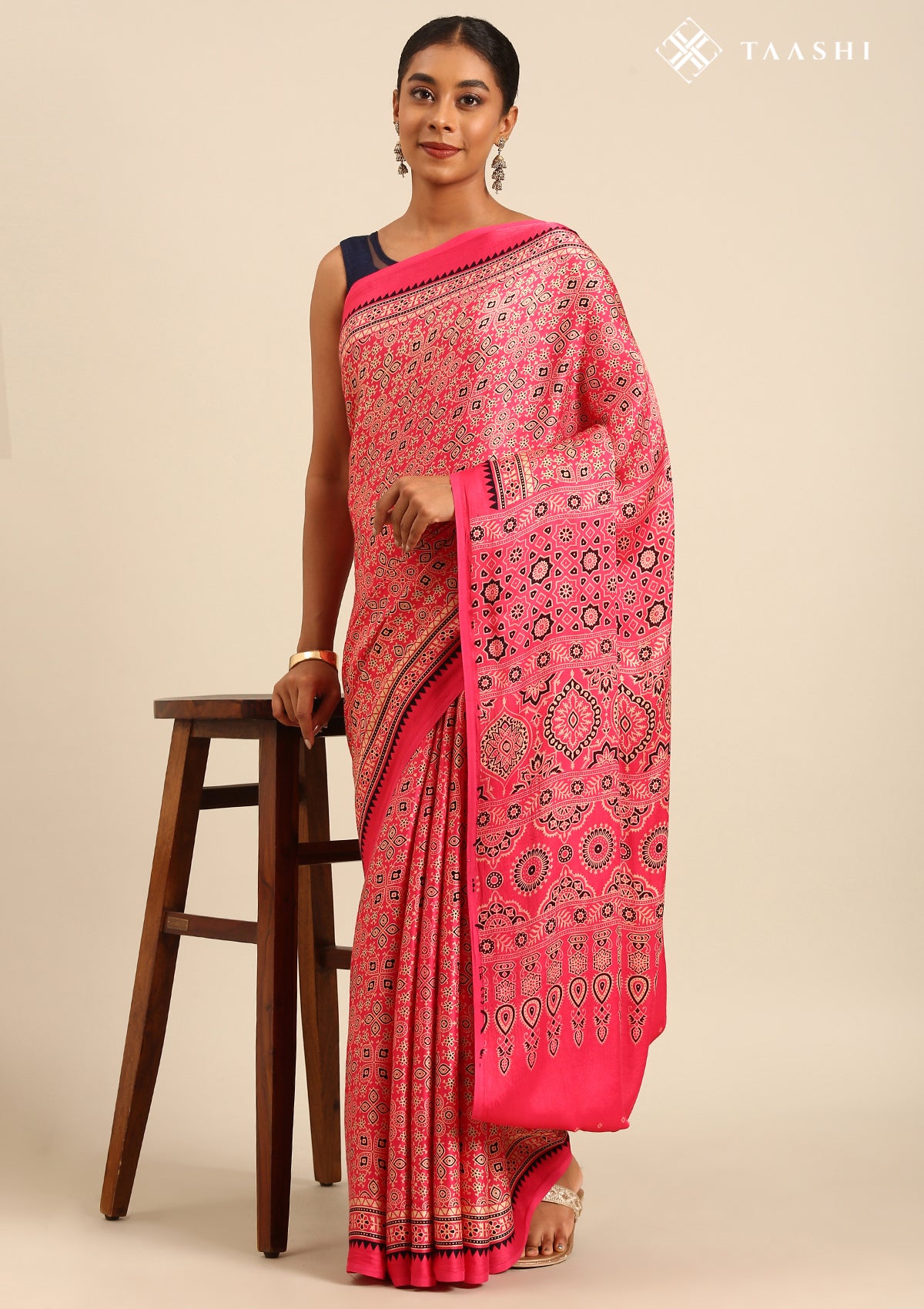 Fuchsia Pink Ajrakh Print Modal Saree - Taashi