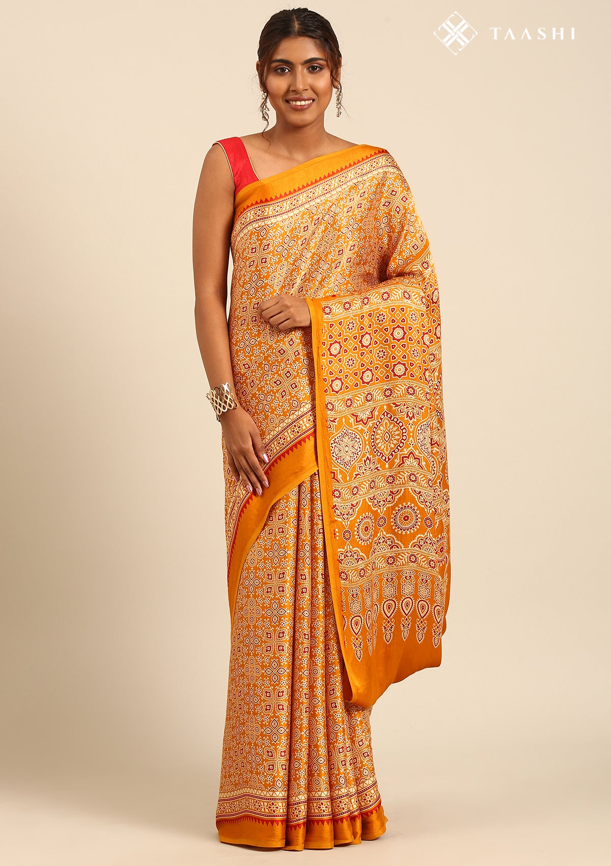 Mustard Ajrakh Print Modal Saree - Taashi