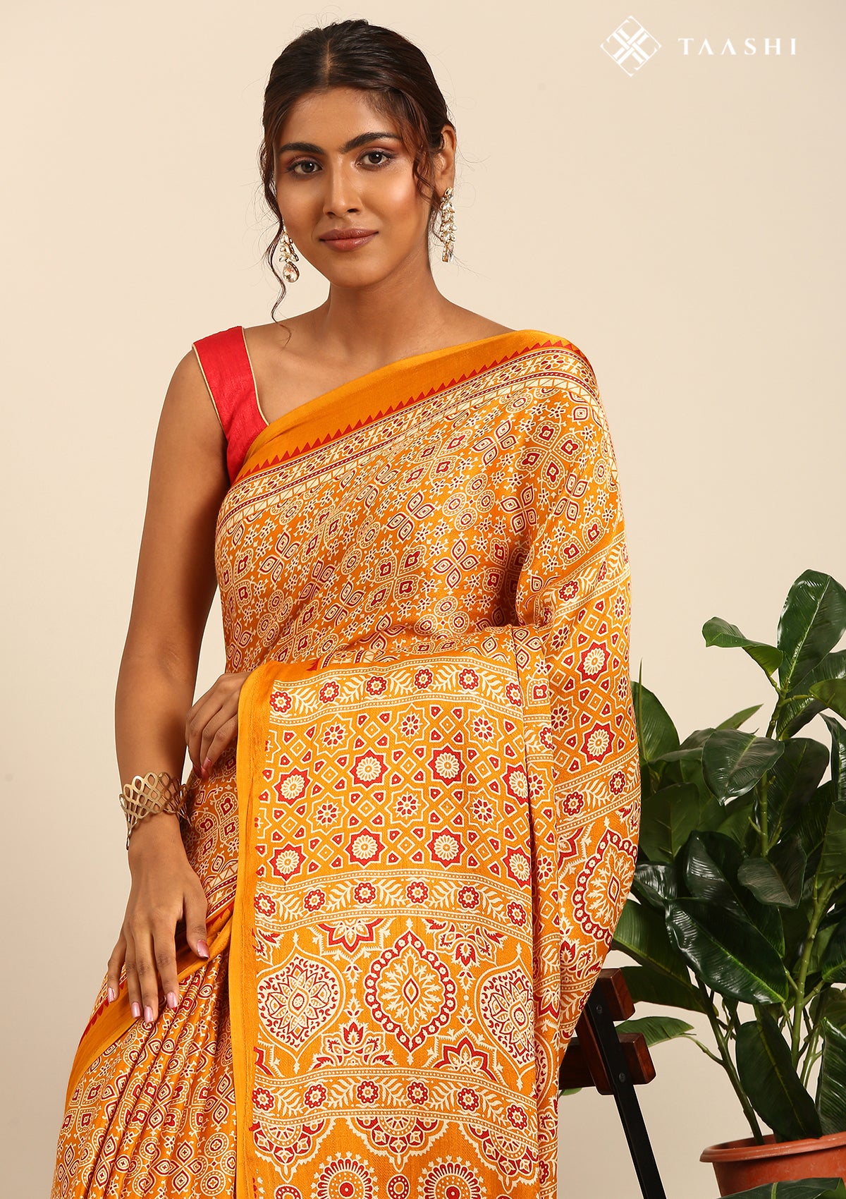 Mustard Ajrakh Print Modal Saree - Taashi