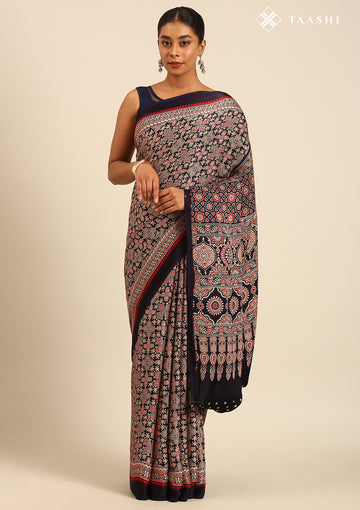 Navy Blue Ajrakh Print Modal Saree