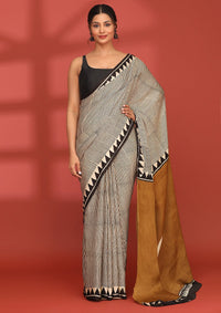 Cream Modal Silk Geometric Block Print Saree
