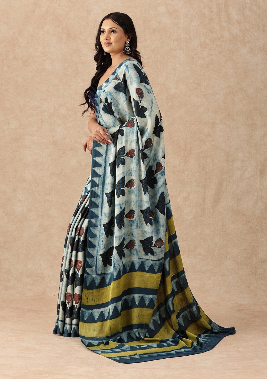 Indigo Blue Modal Silk Floral Dabu Printed Natural Dyed Saree