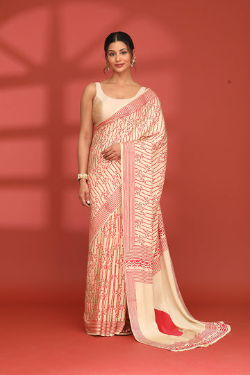 Beige Modal Silk Geometric Block Print Saree