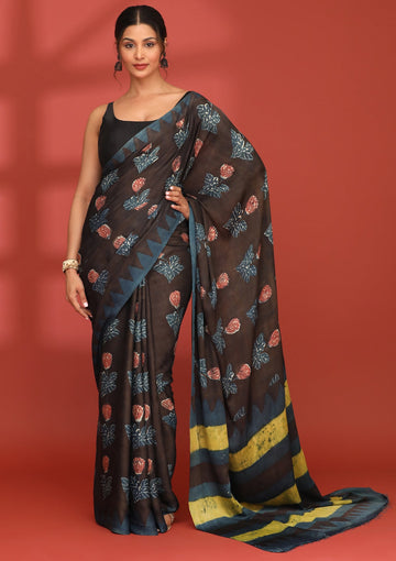 Black Modal Silk Floral Butta Natural Dyed Saree