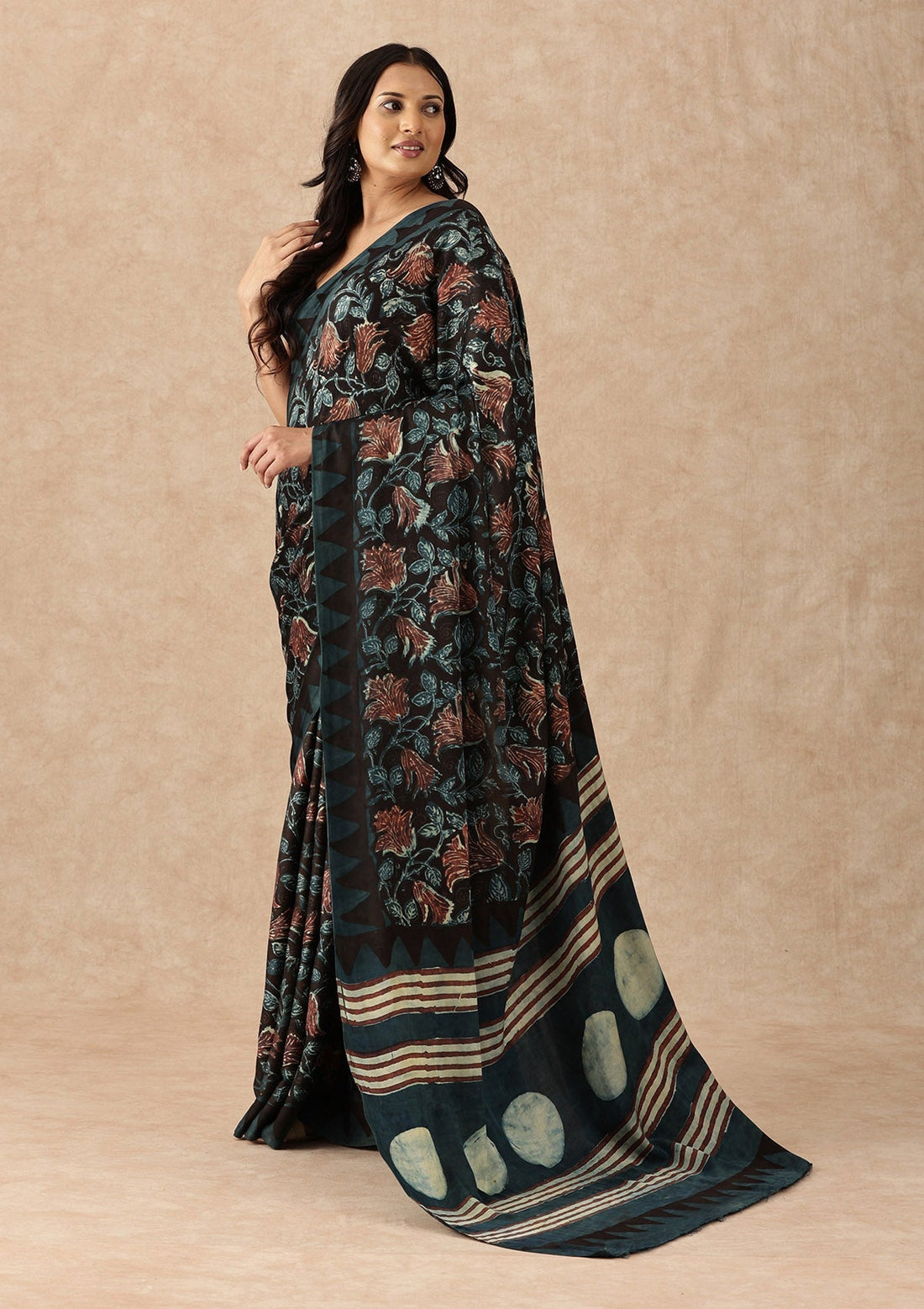 Black Modal Silk Floral Dabu Printed Natural Dyed Saree