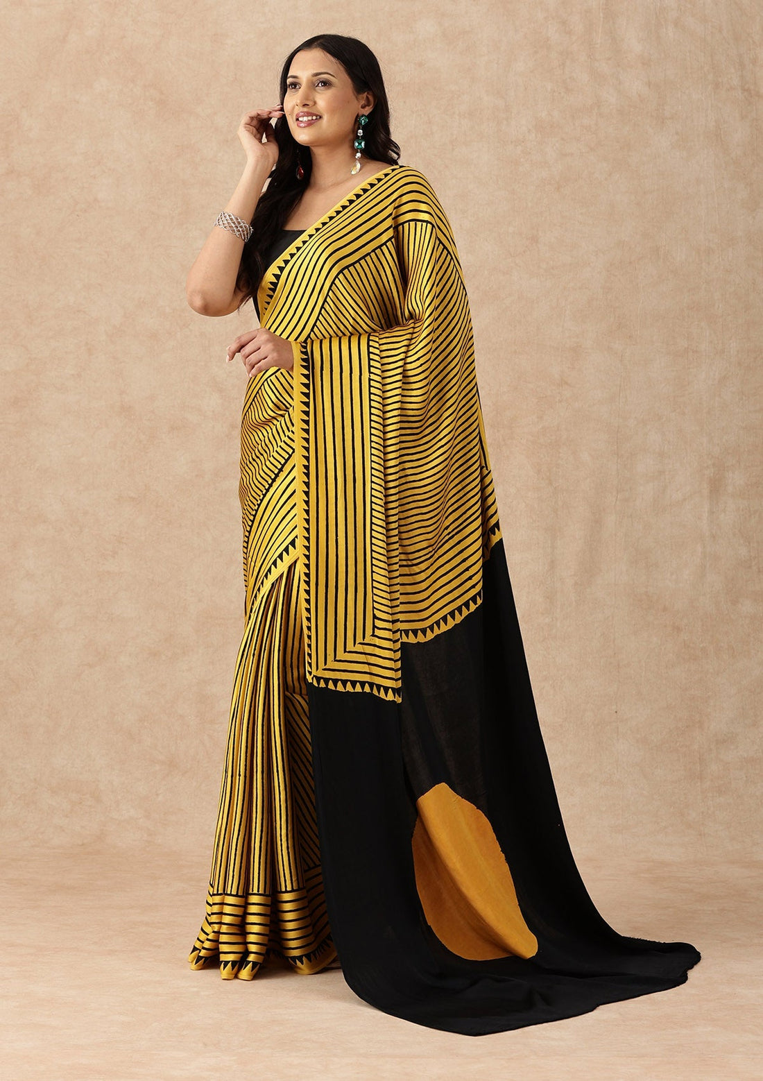 Mustard Yellow Modal Silk Geometric Block Print Saree