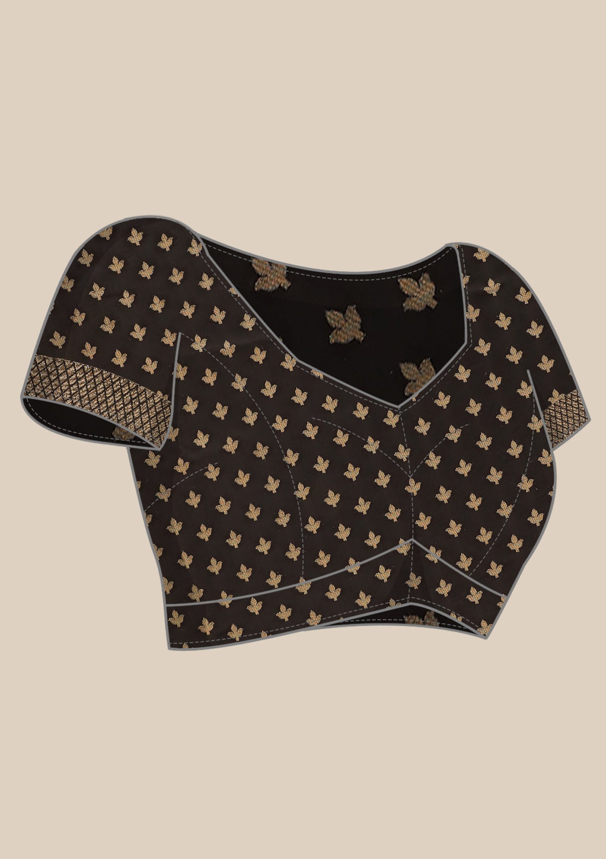 Digital mockup image of the matching blouse piece of Taashi's The Midnight Archive Saree - VSTBSW03 | a premium black satin banarasi saree with gold zari brocade on body and dense zari jaal border and pallu