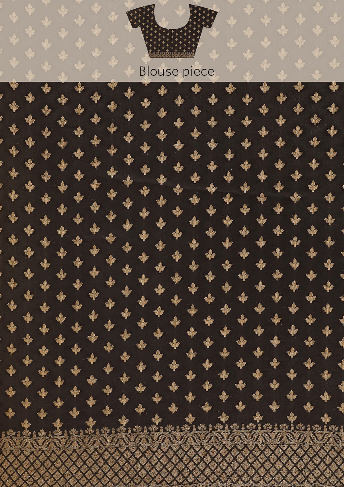 detail image of Taashi's The Midnight Archive Saree - VSTBSW03 | a premium black satin banarasi saree with gold zari brocade on body and dense zari jaal border and pallu showing unstitched matching blouse piece