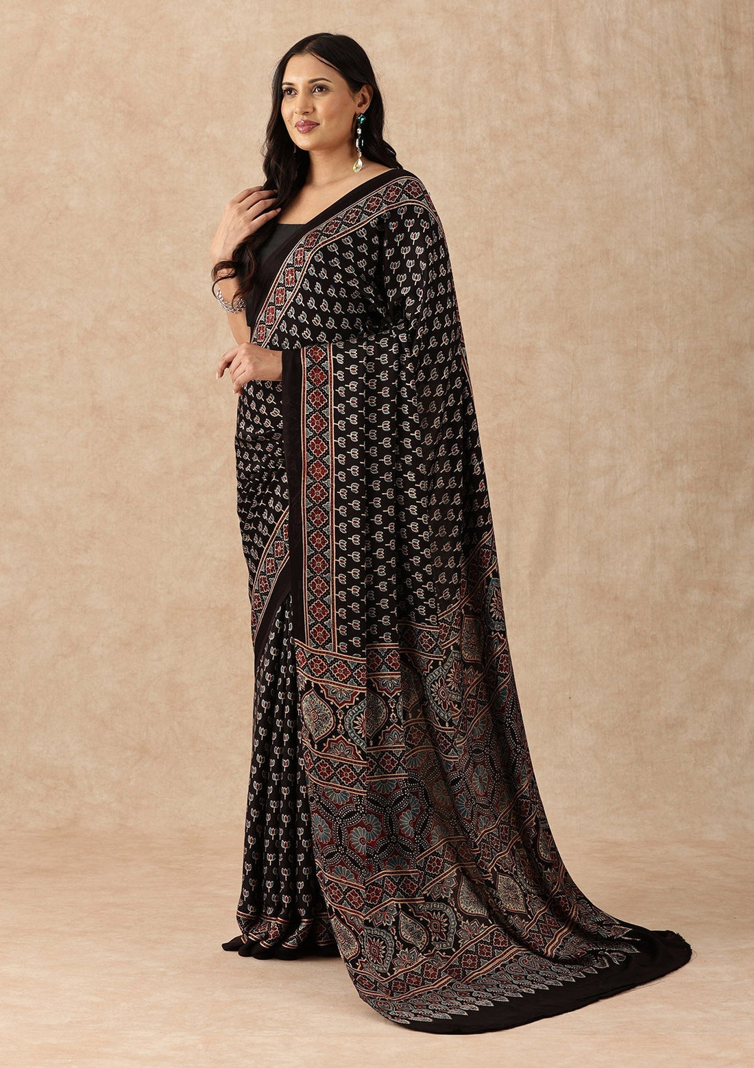 Black Modal Silk Ajrakh Printed Natural Dyed Saree