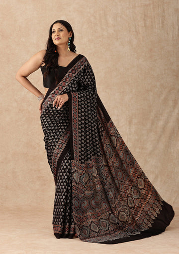 Black Modal Silk Ajrakh Printed Natural Dyed Saree