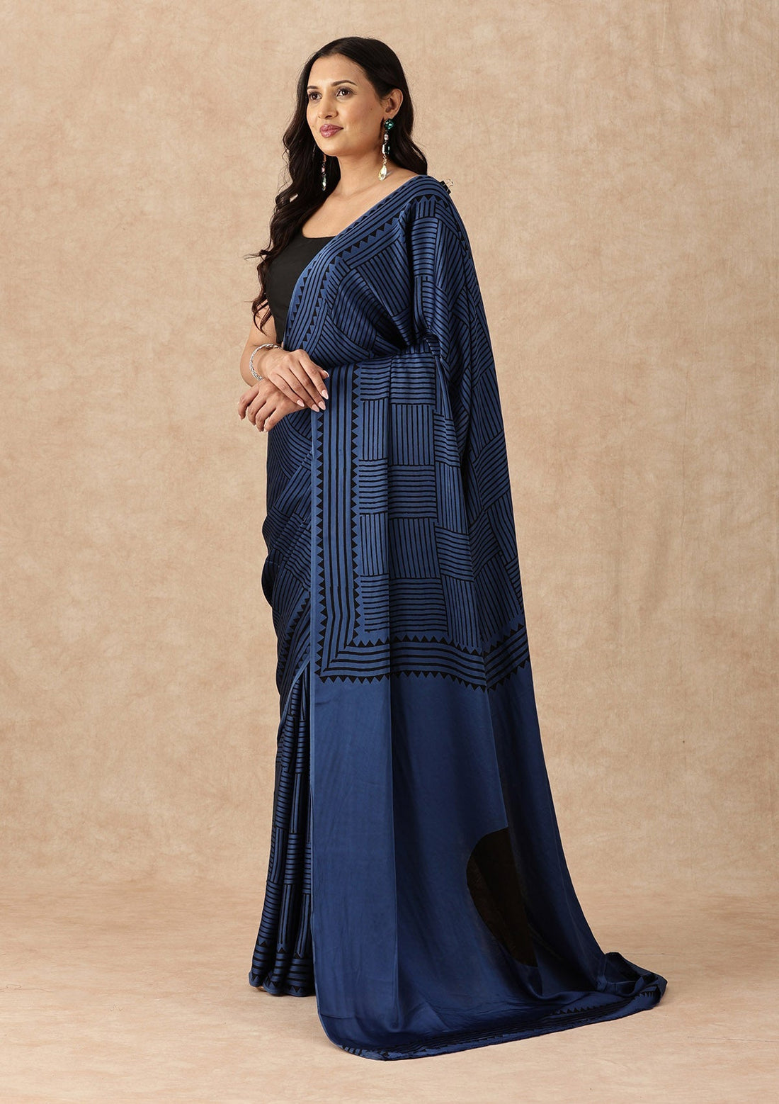 Navy Blue Modal Silk Geometric Block Print Saree