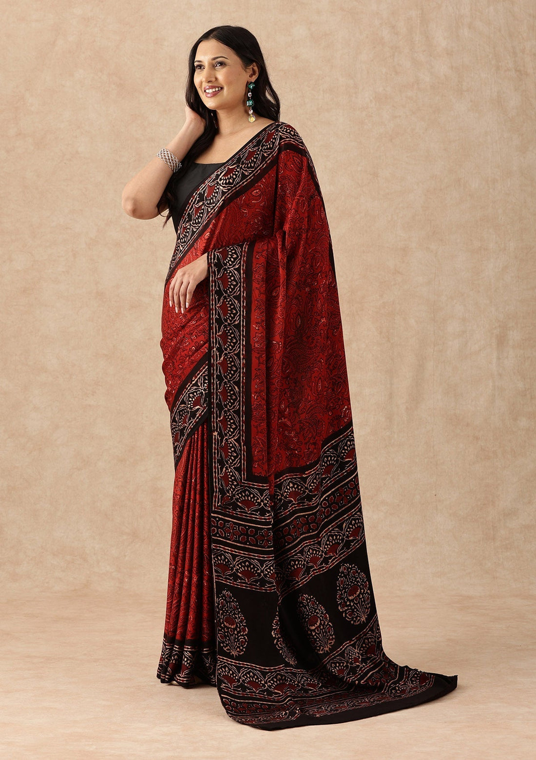 Red Modal Silk Floral Block Printed Natural Dyed Saree