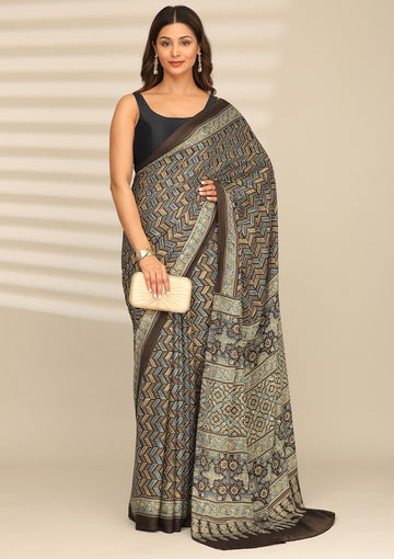 Brown Modal Silk Ajrakh Natural Dyed Saree