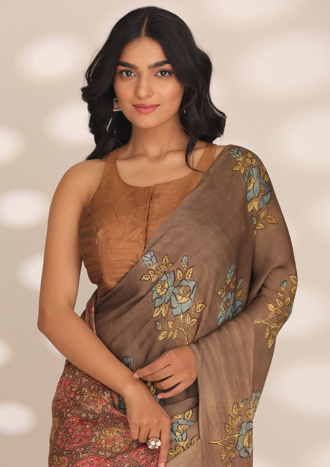 Dark Beige Modal Silk Floral Dabu Printed Natural Dyed Saree
