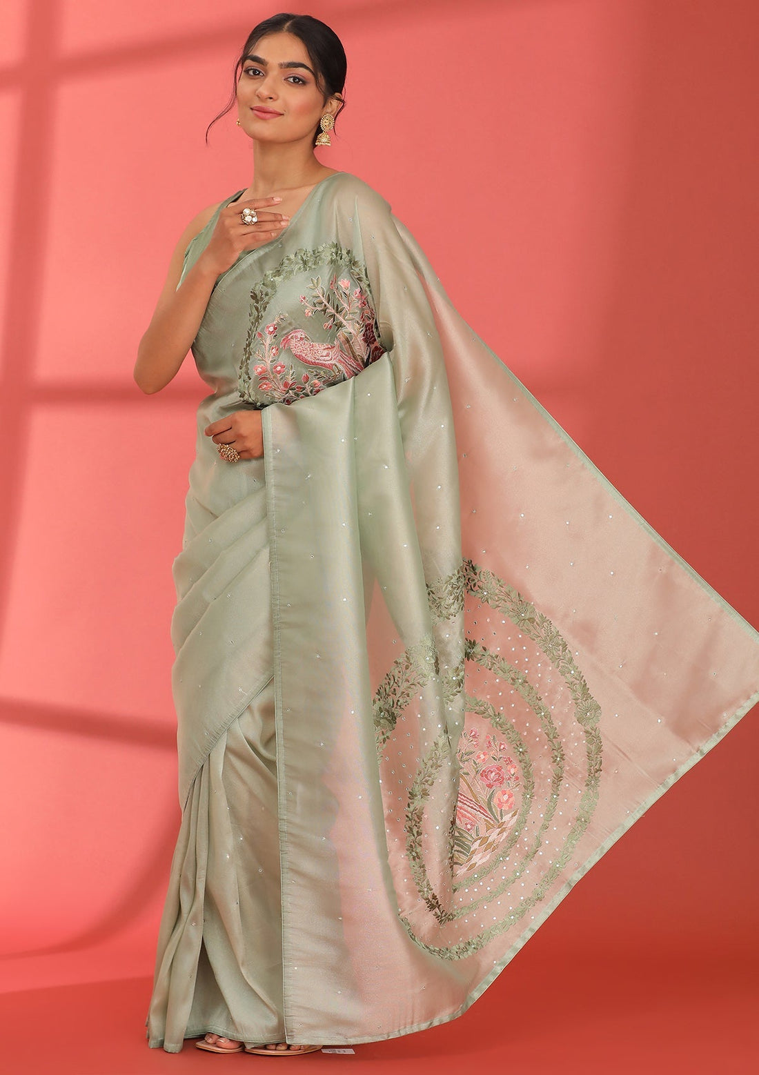 Sage Green Tissue Contemporary Embroidered Saree