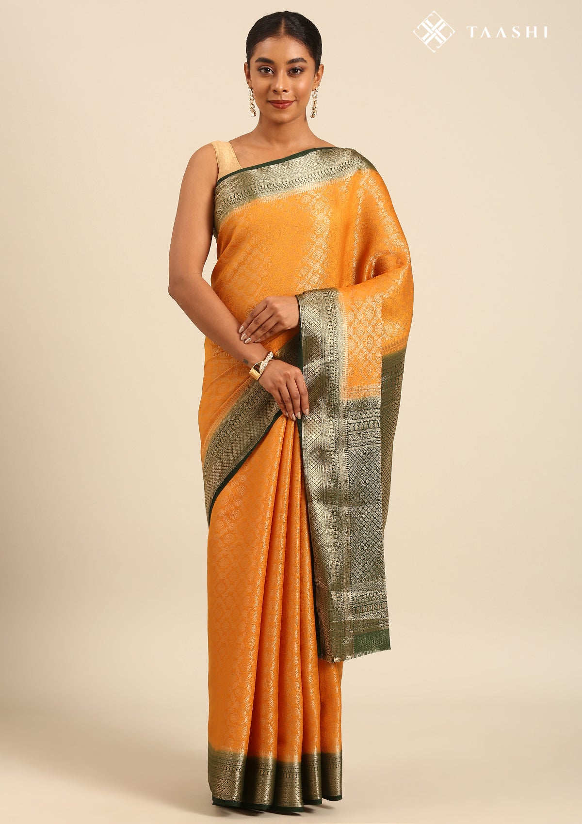 Mustard Yellow Brocade Jaal Pattern Crepe Saree