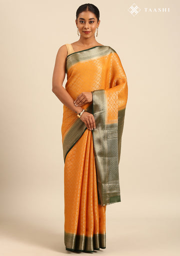 Mustard Yellow Brocade Jaal Pattern Crepe Saree