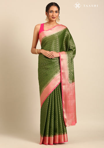 Green Brocade Jaal Pattern Crepe Saree