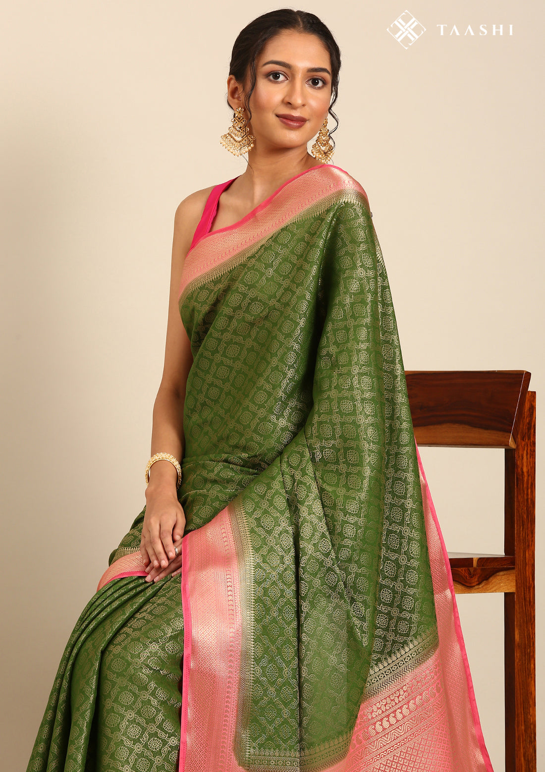 Green Brocade Jaal Pattern Crepe Saree