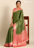 Green Brocade Jaal Pattern Crepe Saree - Taashi