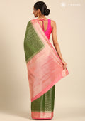 Green Brocade Jaal Pattern Crepe Saree - Taashi