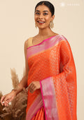Orange Brocade Jaal Pattern Crepe Saree - Taashi